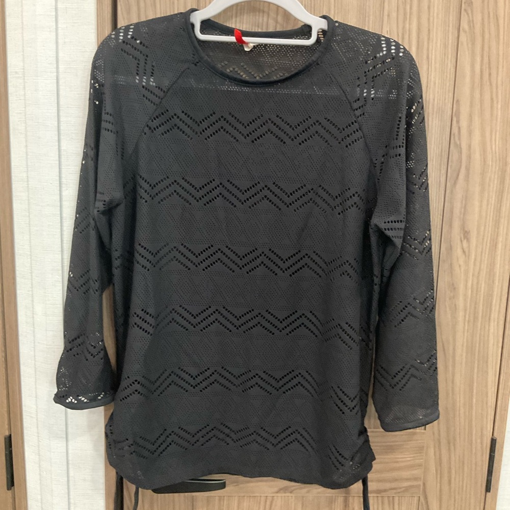 BCG Womens Long Sleeve Gathered Sides See Thru Round Neck Swim Top Size 12